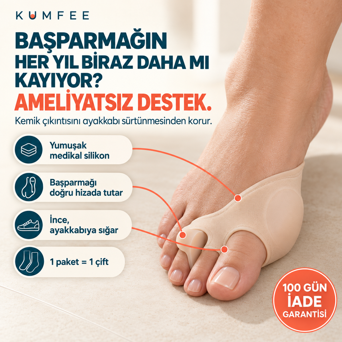 Kumfee® Halluks Valgus Ateli | Başparmak Kemiği Ağrısına Karşı Destek (1 Çift)
